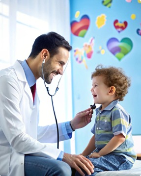 A smiling paediatrician listening to a young boy's heartbeat